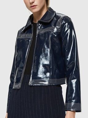 Ganni Navy Faux Leather Zip Jacket with Contrast Topstitch
